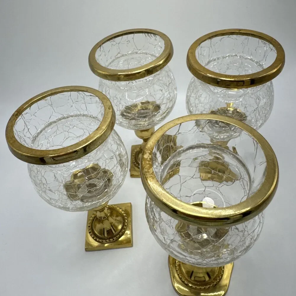 Vintage Mid-Century Gold Brass & Crackle Glass Votive Candle Holder Set of 4